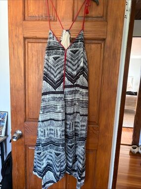 Black & White Patterned Maxi Dress with Red Trim